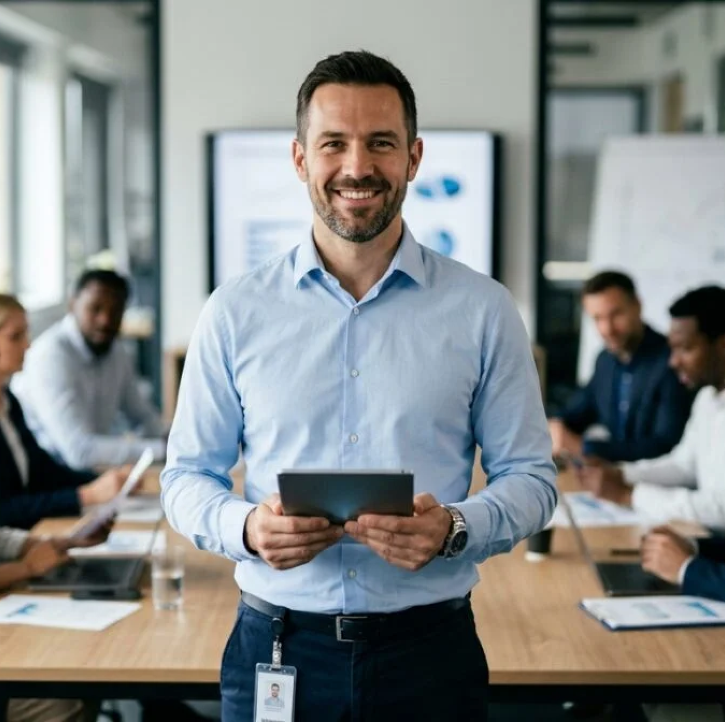 Loss prevention professional holding a tablet in a boardroom